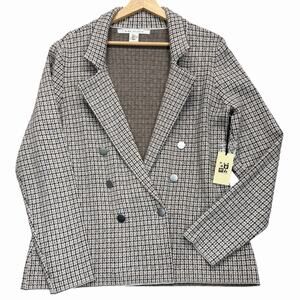 Max Studio Womens Blazer Jacket Sz L Brown Black White Houndstooth Double Breast